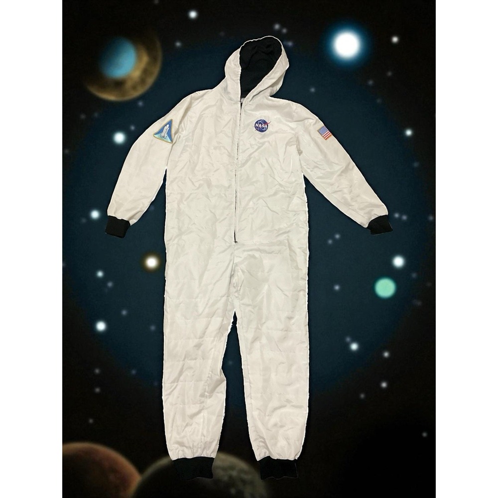 Mad Engine‎ Unisex Astronaut Hooded Jumpsuit White Puffer Patches Size XL